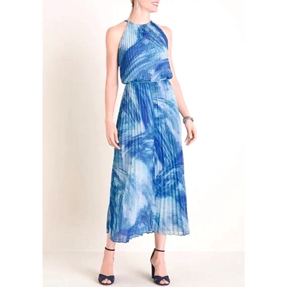 Chico’s Print Pleated Halter Maxi Dress Blue Combo Size 3 US 16 Romantic Elegant